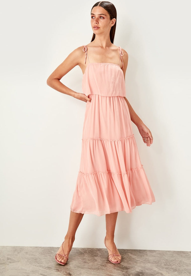 Tie Shoulder Pleated Dress Pink