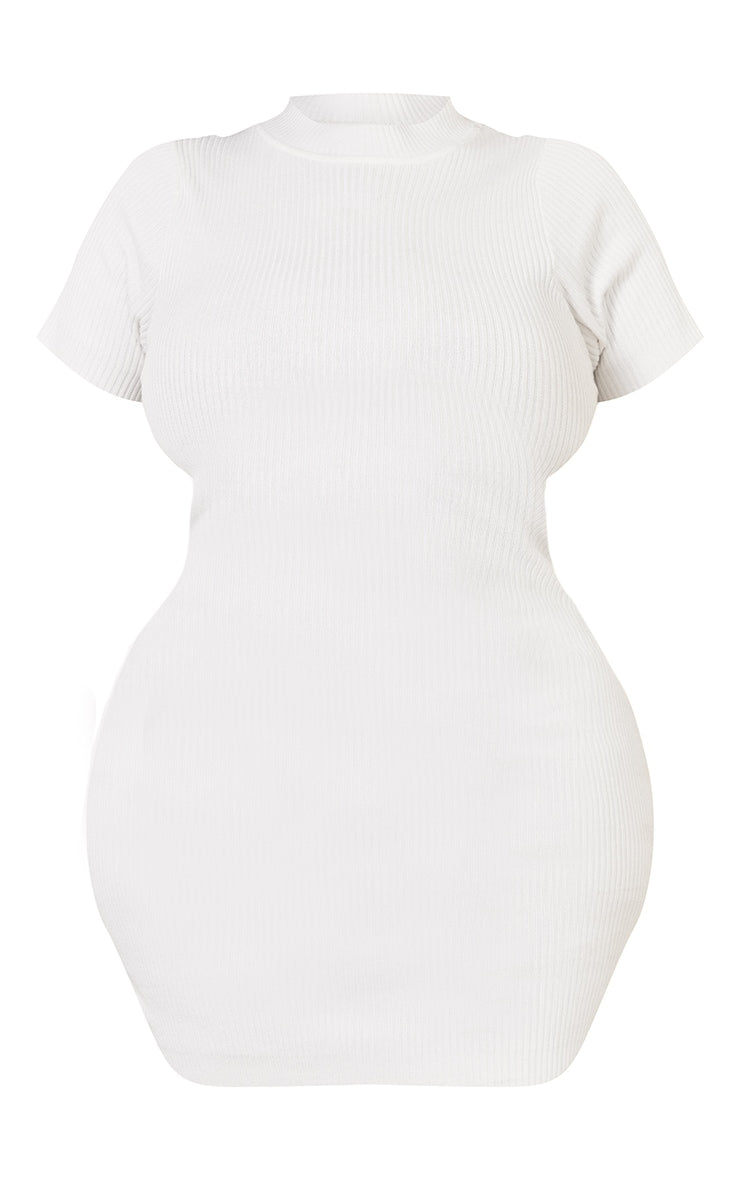 Plus Cream Basic Knitted Ribbed Open Back Bodycon Dress