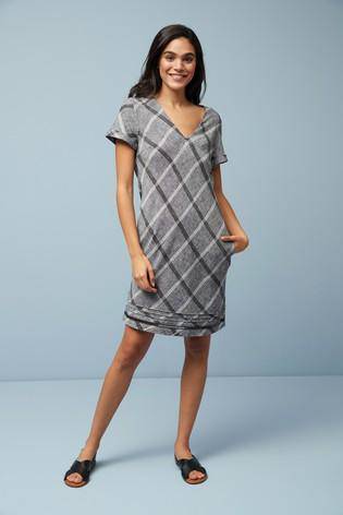 Check Linen Blended T-Shirt Dress Grey