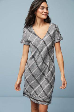 Check Linen Blended T-Shirt Dress Grey