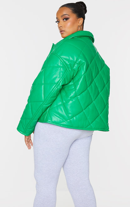 Plus Green Faux Leather Quilted Padded Jacket