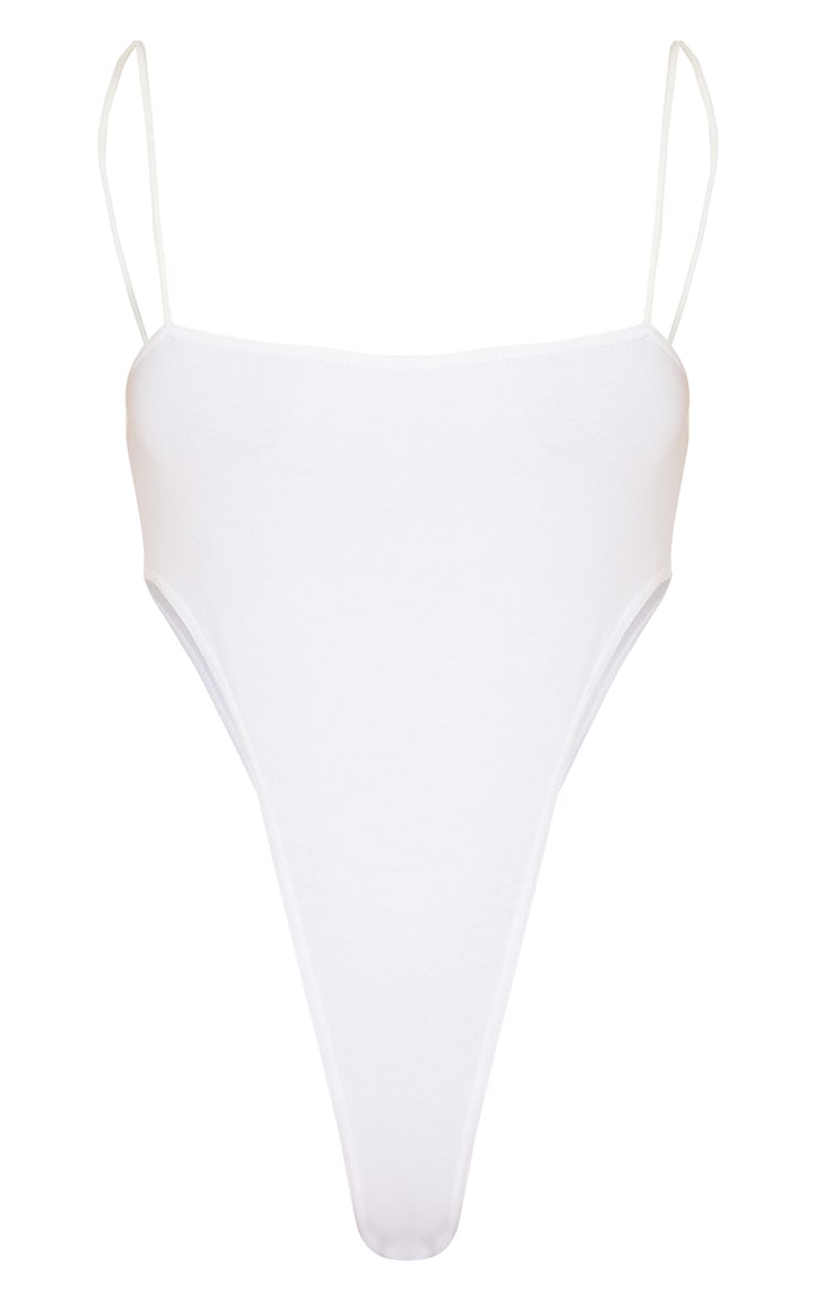 White Cotton Extreme High Leg Square Neck Strappy Bodysuit