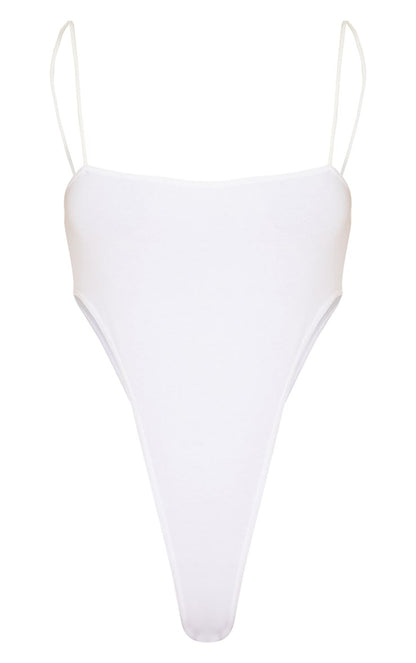 White Cotton Extreme High Leg Square Neck Strappy Bodysuit