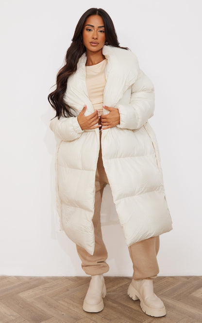 Petite Cream Oversized Collar Belted Longline Puffer