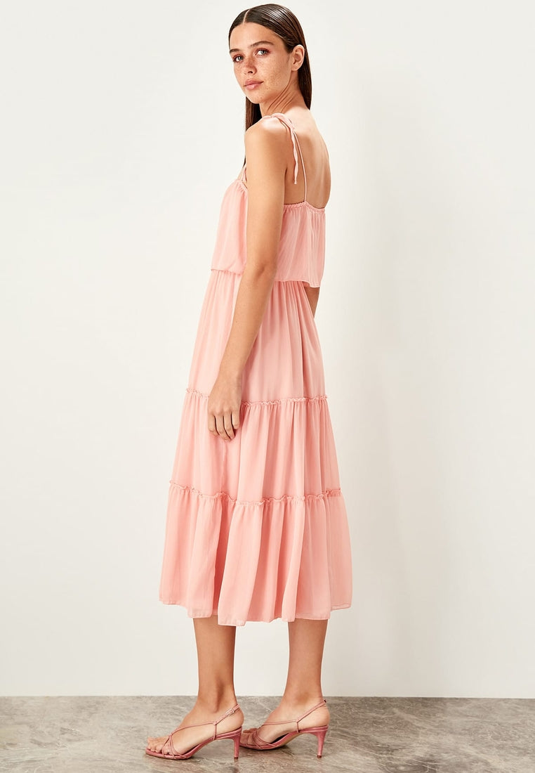 Tie Shoulder Pleated Dress Pink