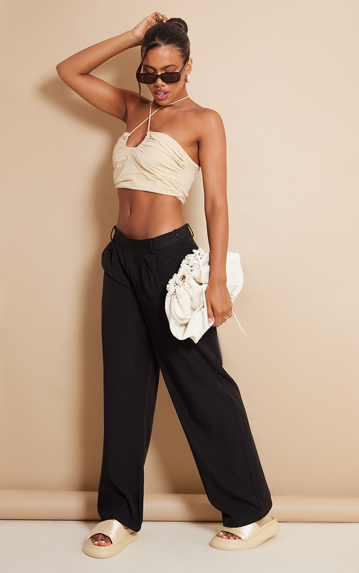 Sand Cotton Pleated Halter Crop Top