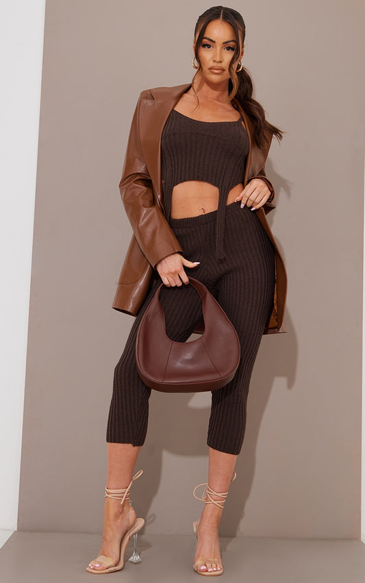 Chocolate Strap Detail Knit Top & Legging Set