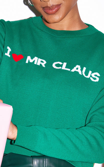 Green I Heart Mr Claus Cropped Christmas Sweater