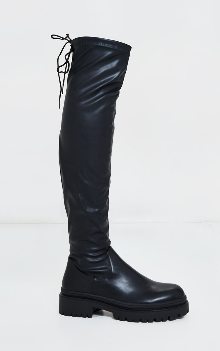 Black PU Over The Knee Chunky Boots