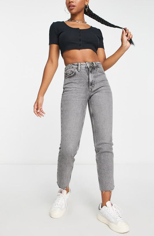 High Waist Raw Hem Straight Leg Jeans