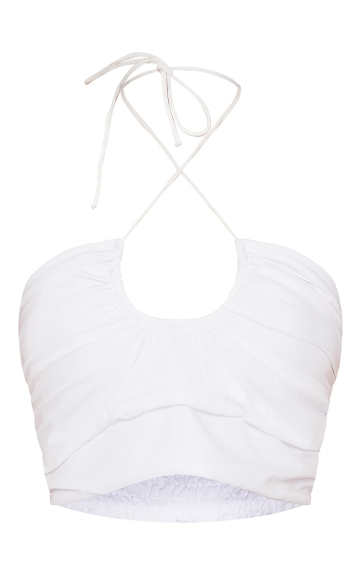 White Cotton Pleated Halter Crop Top