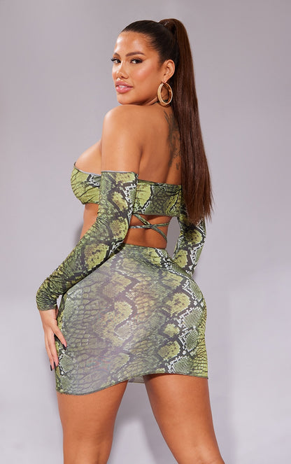 Shape Green Snake Print Slinky Halterneck Ring Detail Bardot Bodycon Dress