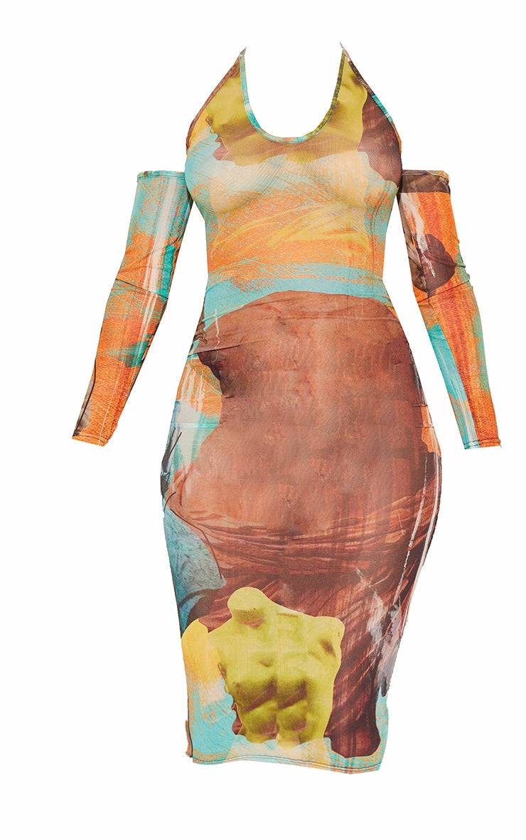 Multi Statue Print Mesh Midi Dress