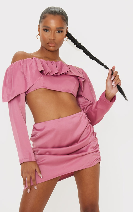 Petite Pink Ruffle Satin Top