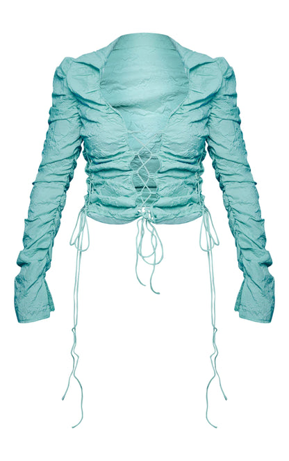 Pale Blue Embossed Ruched Sleeve Lace Up Shirt