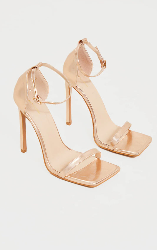 Rose Gold PU Square Toe Barely There Strappy High Heels