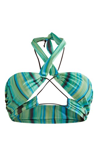 Green Abstract Stripe Cross Front Bikini Top