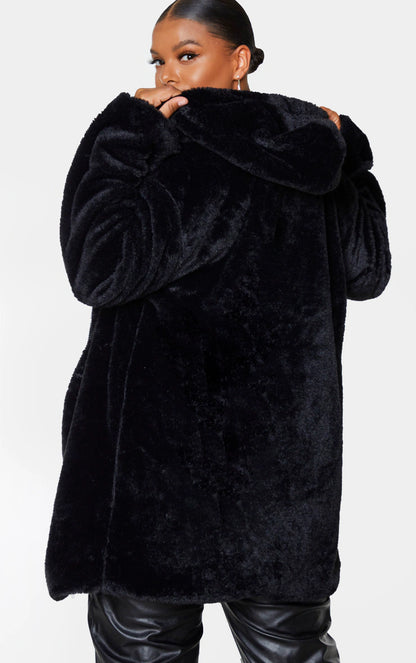 Plus Black Hooded Faux Fur Midi Coat