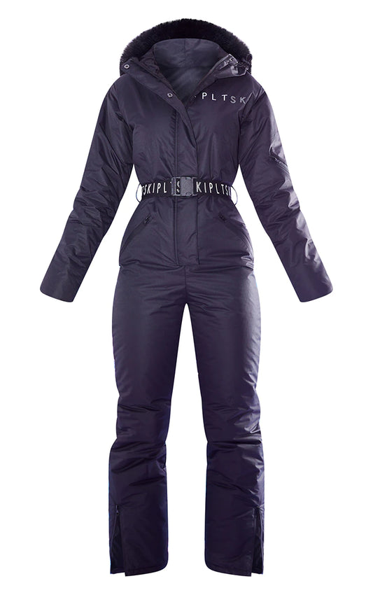 Ski Black Faux Fur Hooded Belted Snow Suit