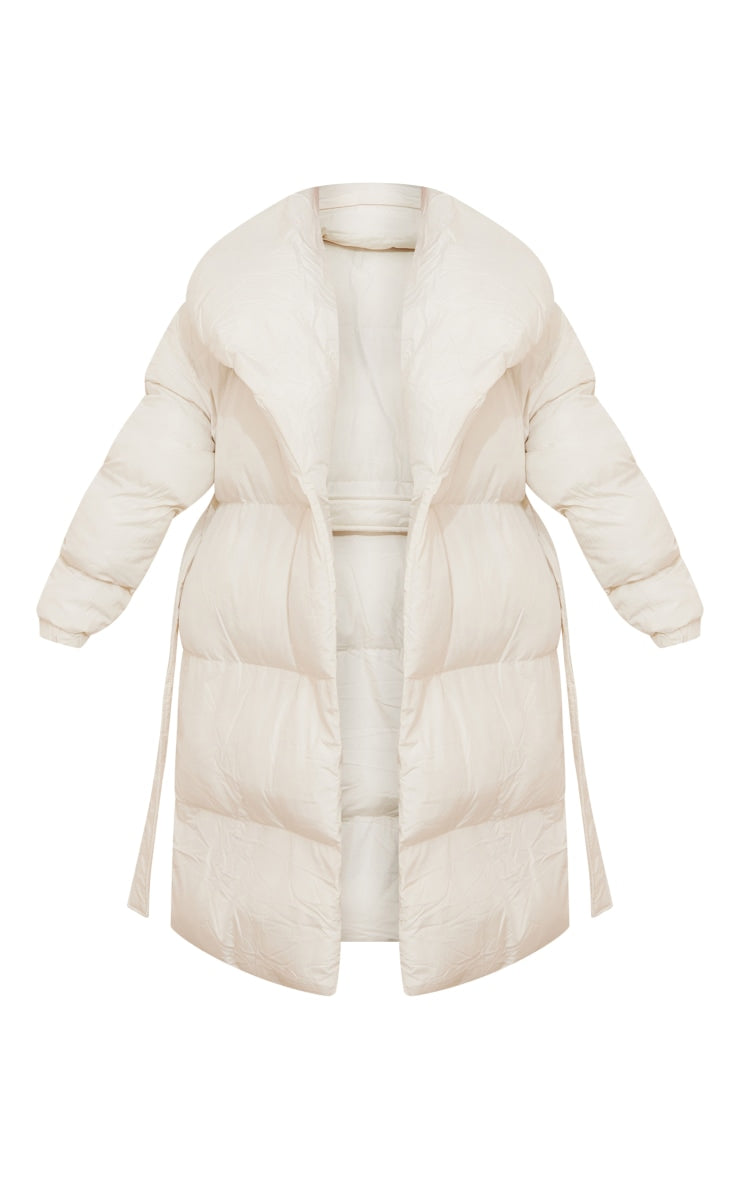 Petite Cream Oversized Collar Belted Longline Puffer