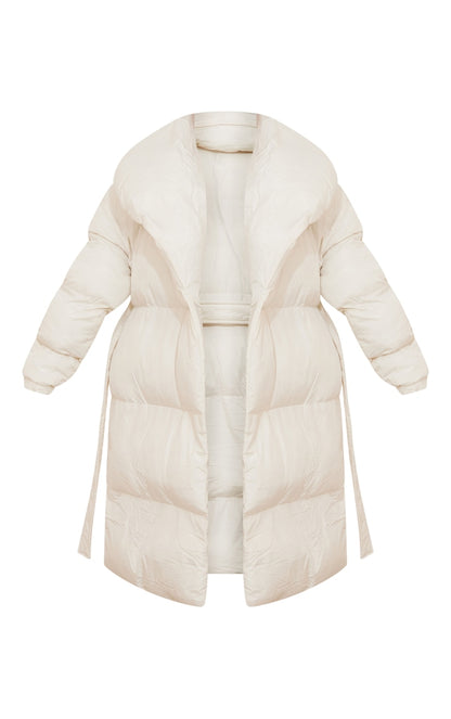 Petite Cream Oversized Collar Belted Longline Puffer