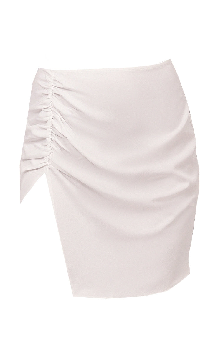 White Woven Ruched Split Mini Skirt