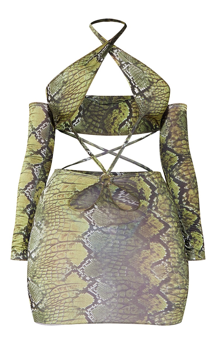 Shape Green Snake Print Slinky Halterneck Ring Detail Bardot Bodycon Dress