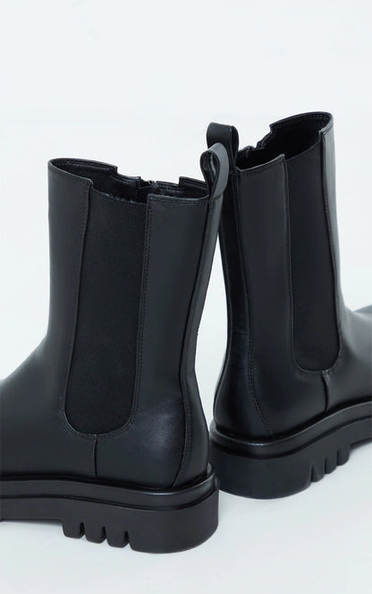 Black PU Calf High Vamp Chelsea Boots