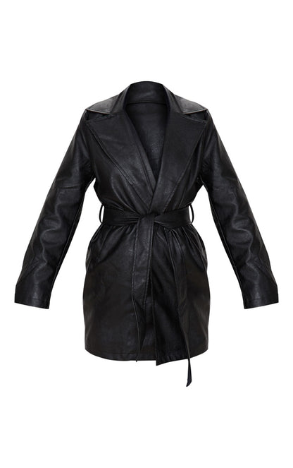 Black Faux Leather Tie Waist Shacket