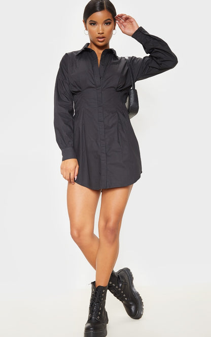 Black Fitted Waist Shirt Dress