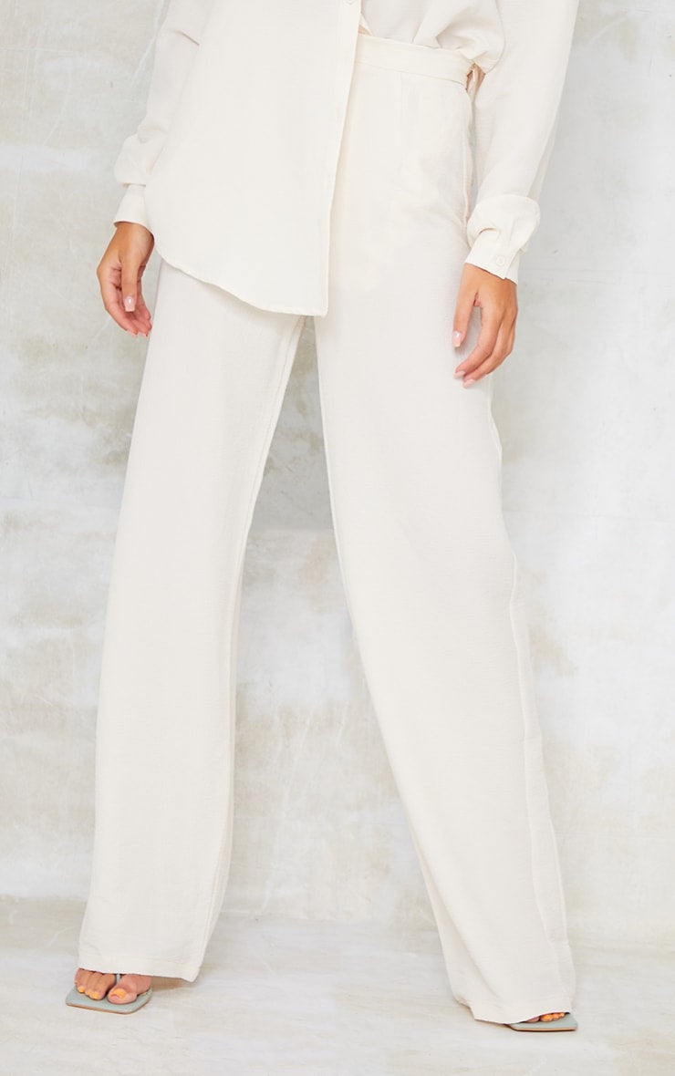 Cream Textured Crinkle Wide Leg Pants