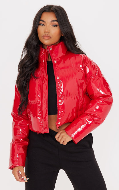 Red Vinyl Bubble Puffer Jacket