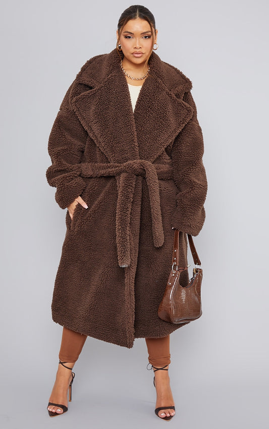 Plus Chocolate Teddy Belted Midi Coat