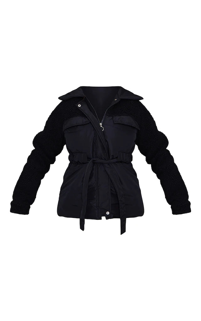 Black Nylon Contrast Borg Cinched Waist Puffer Jacket