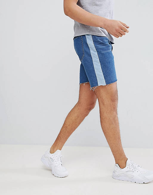 Slim Fit Denim Shorts With Side Stripe In Blue Wash