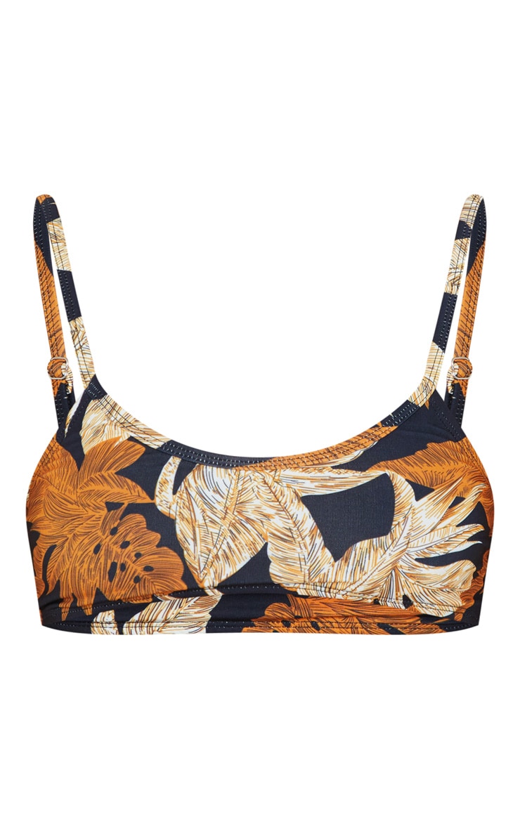 Black Palm Leaf Print Scoop Neck Bikini Top