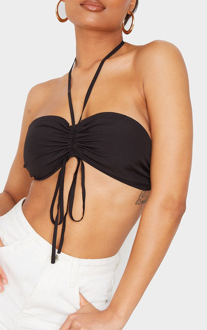 Black Woven Strappy Ruched Halterneck Bralet