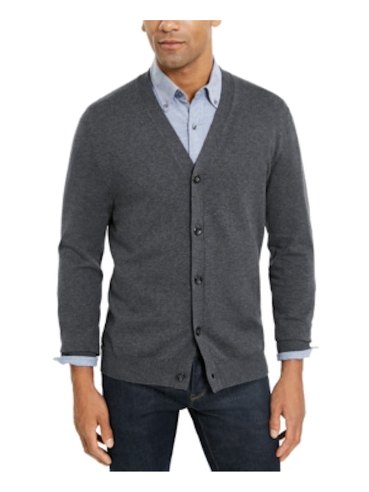 Mens Ribbed Trim Long Sleeves Cardigan Sweater Grey