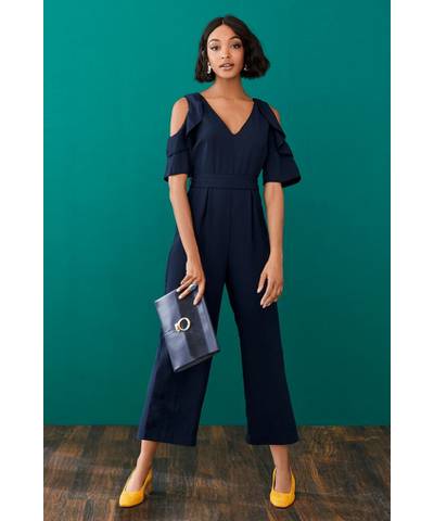 Navy Cold Shoulder Ruffle Jumpsuit