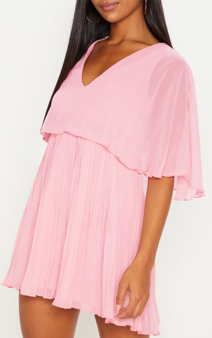 Dusty Pink Cape Pleated Detail Skater Dress