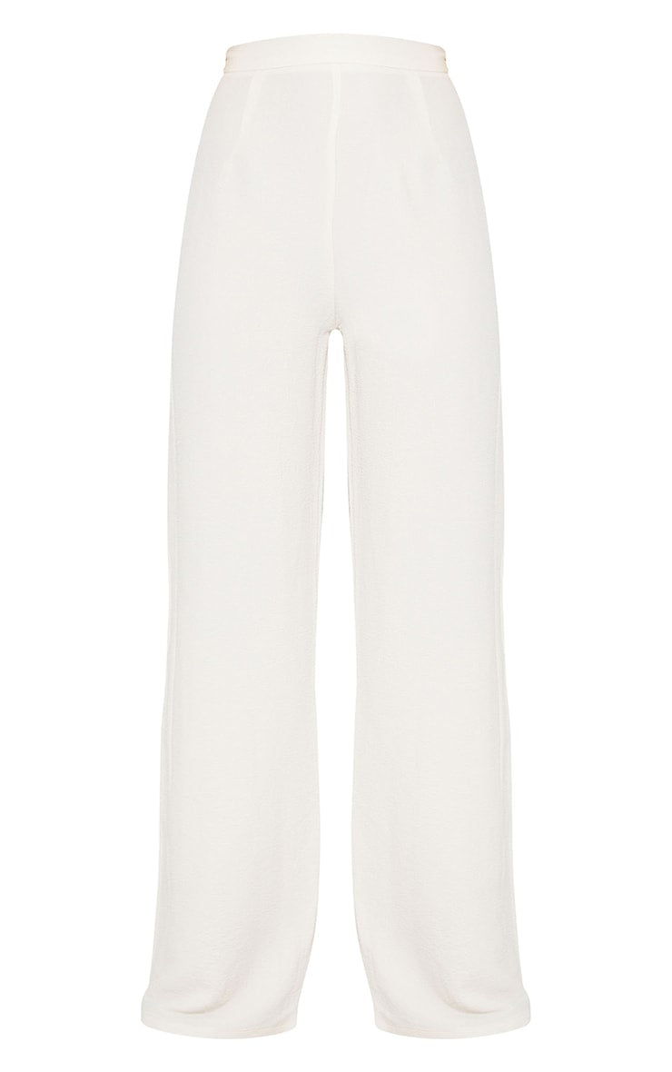 Cream Textured Crinkle Wide Leg Pants