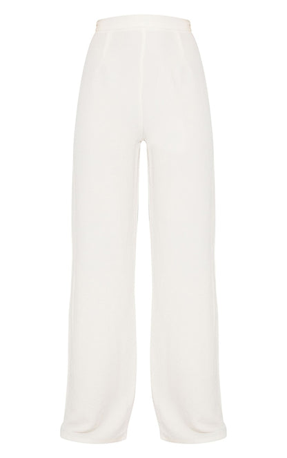 Cream Textured Crinkle Wide Leg Pants