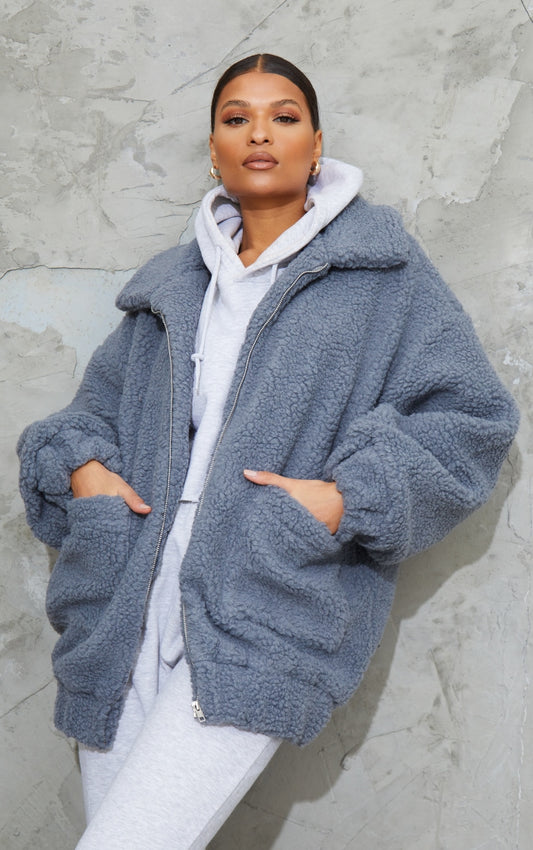 Grey Oversized Borg Pocket Front Coat