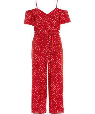 Red Polka Dot Cold Shoulder Jumpsuit