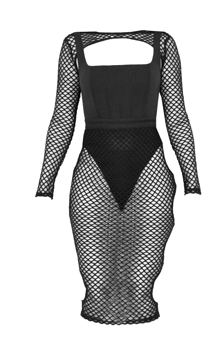 Black Fishnet Corset Cut Out Midi Dress