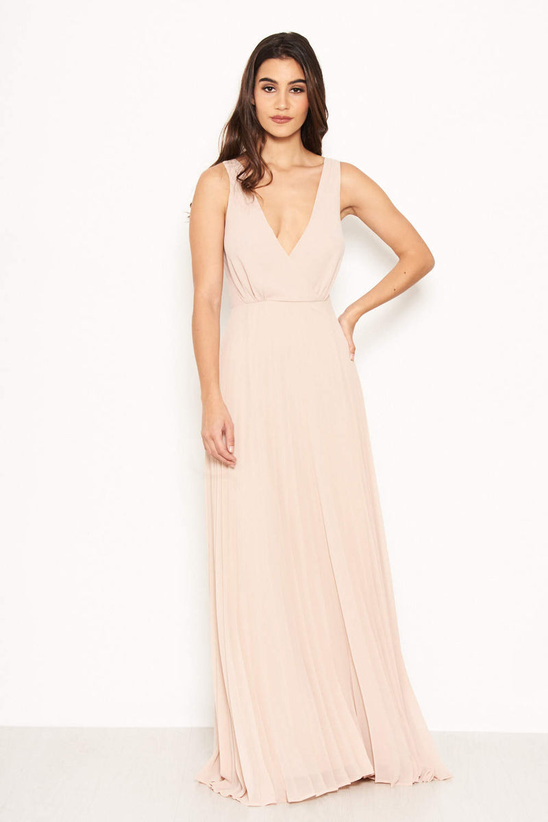 Nude Pleated Maxi Dress With Lace Straps