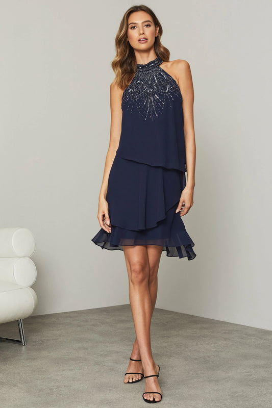 Halter Embellished Swing Dress Navy