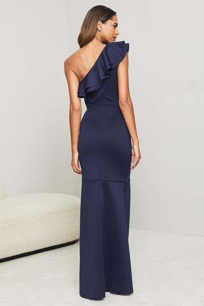 Ruffle One Shoulder Maxi Navy