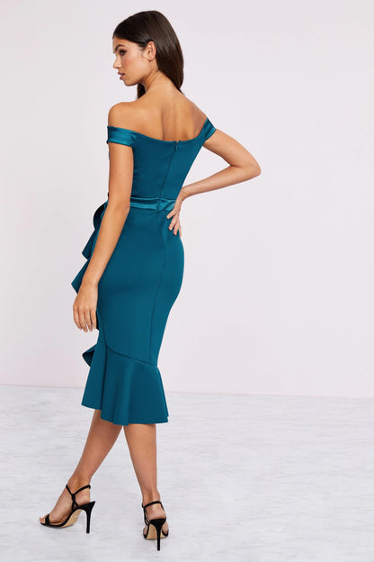 Satin Bardot Bodycon Dress Teal