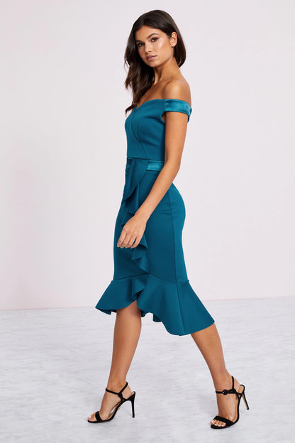 Satin Bardot Bodycon Dress Teal